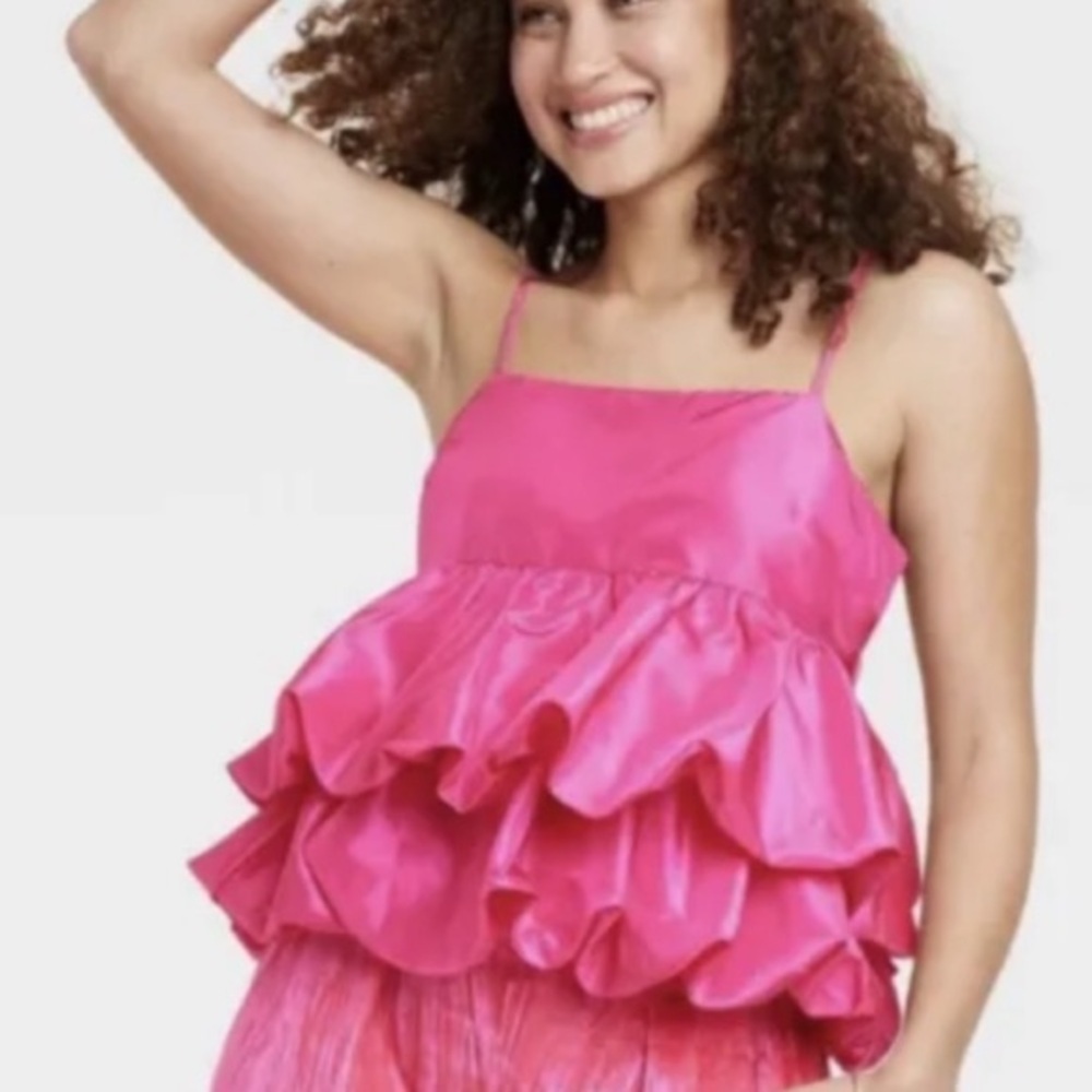 A New Day Balloon Top Size Small Pink Tiered Spaghetti Straps BarbieCore NWT